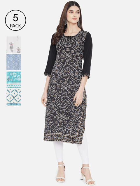 

Ethnic basket Women Pack Of 5 Multicoloured Ethnic Motifs Printed Crepe Kurta, Multi