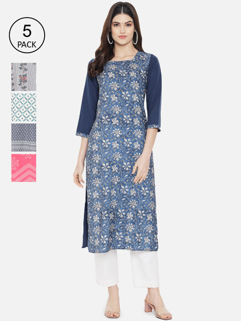 

Ethnic basket Women Blue Ethnic Motifs Printed Flared Sleeves Crepe Kurta Pack Of 5