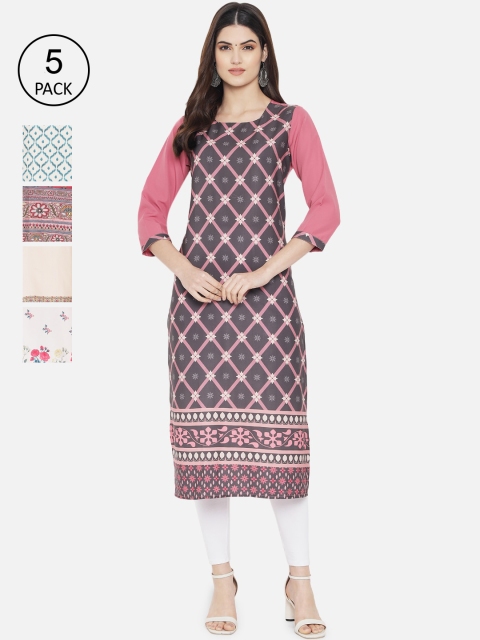 

Ethnic basket Women Pink & Blue Ethnic Motifs Printed Crepe Kurta Set Of 5