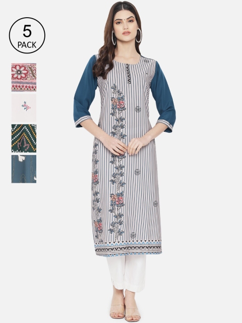 

Ethnic basket Women Pack of 5 Digital Printed Crepe Kurta, White