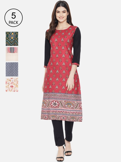 

Ethnic basket Women Pack of 5 Multicoloured Ethnic Motifs Printed Crepe Kurta, Multi