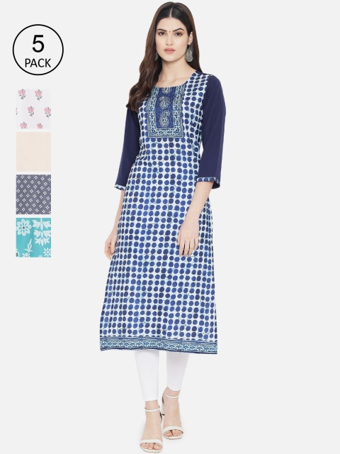 

Ethnic basket Women Pack of 5 Digital Printed Straight Kurtas, Blue