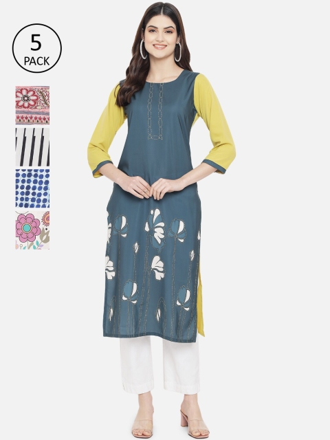 

Ethnic basket Women Pack Of 5 Ethnic Motifs Printed Crepe Kurta, Blue