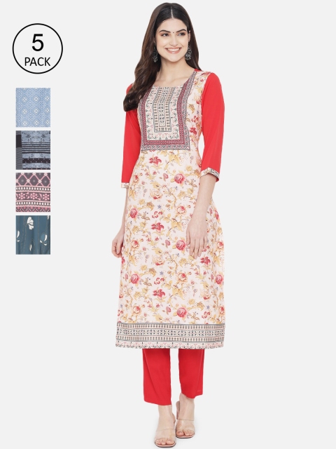 

Ethnic basket Women Pack of 5 Digital Printed Straight Kurtas, White