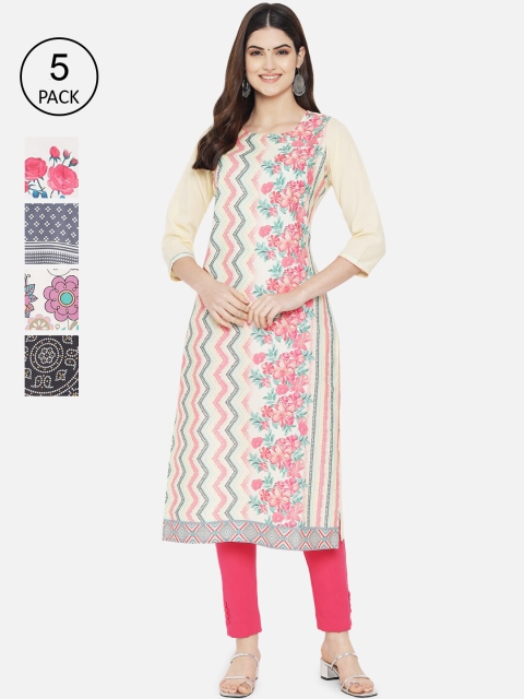 

Ethnic basket Women Pack of 5 Ethnic Motifs Printed Crepe Kurta, Beige