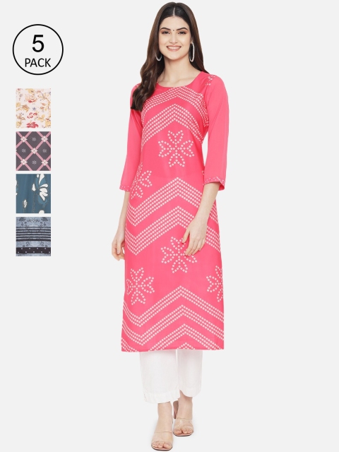 

Ethnic basket Women Pack Of 5 Pink & Navy Blue Floral Printed Crepe Kurta