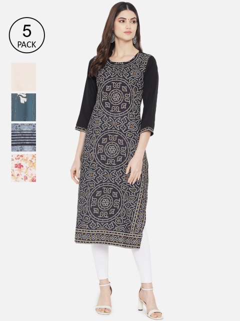 

Ethnic basket Women Pack of 5 Digital Printed Straight Kurtas, Black