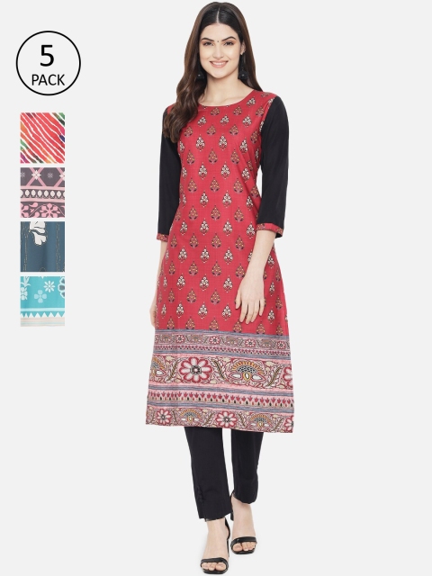 

Ethnic basket Women Pack Of 5 Red & Blue Floral Printed Crepe Kurta
