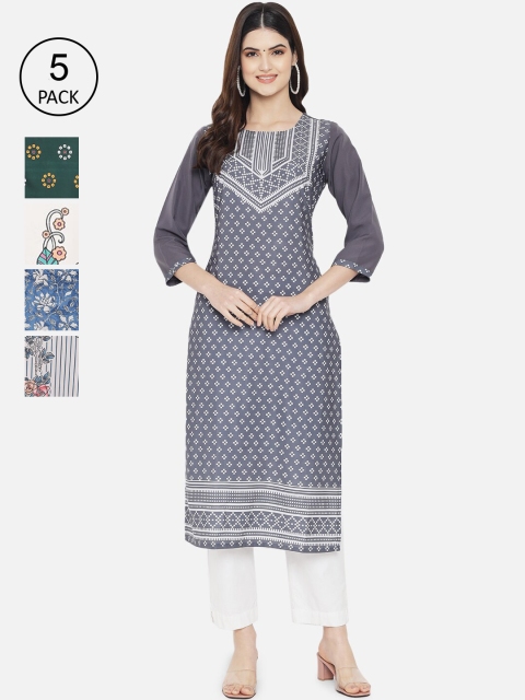 

Ethnic basket Women Pack of 5 Digital Printed Straight Kurtas, Grey