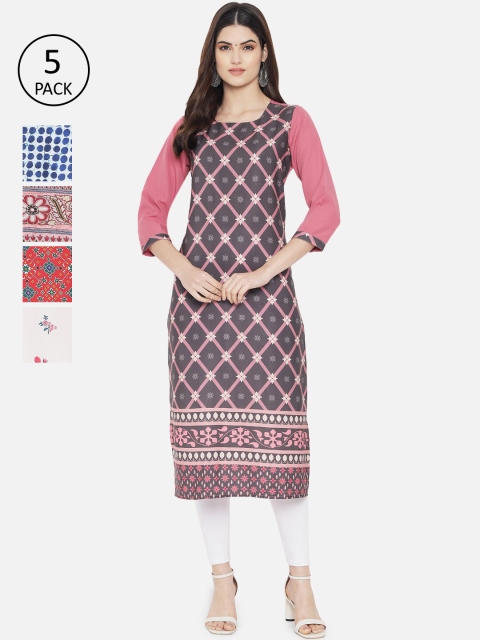 

Ethnic basket Women Pack of 5 Multicoloured Ethnic Motifs Printed Crepe Kurta, Multi