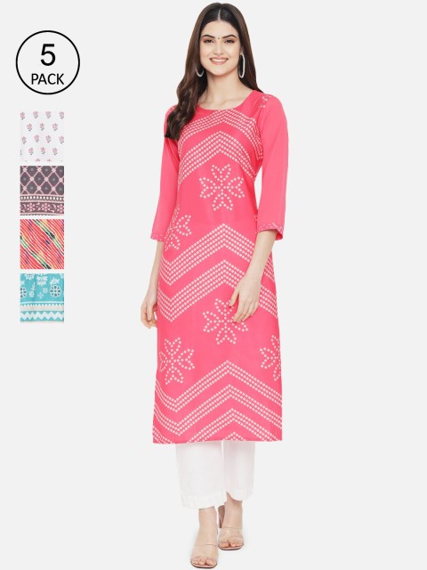 

Ethnic basket Women Pack Of 5 Pink & White Ethnic Motifs Printed Crepe Kurta