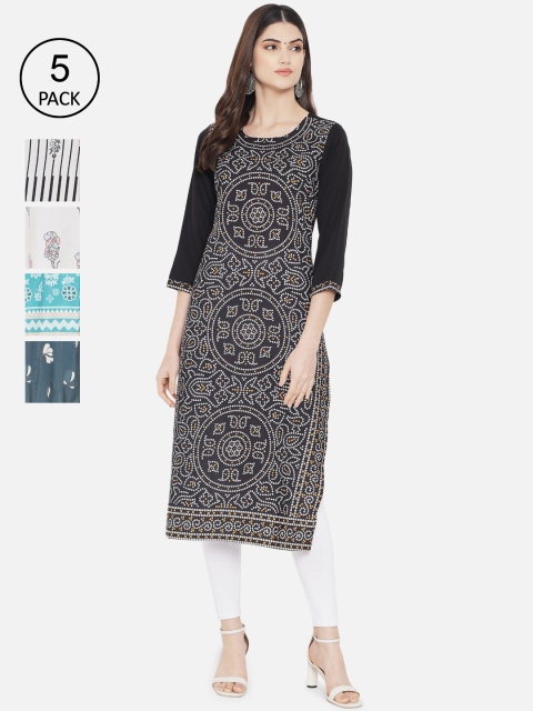 

Ethnic basket Women Pack Of 5 Multicoloured Digital Print Straight Crepe Kurtas, Multi
