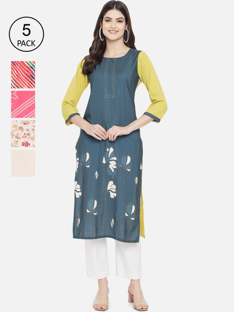 

Ethnic basket Women Blue & Pink Floral Printed Crepe Kurta Pack Of 5