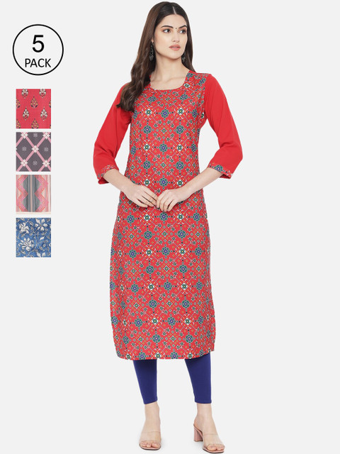 

Ethnic basket Women Pack Of 5 Multicoloured Ethnic Motifs Printed Crepe Kurta, Multi