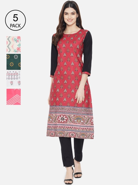 

Ethnic basket Women Pack Of 5 Red & Pink Ethnic Motifs Printed Crepe Kurta