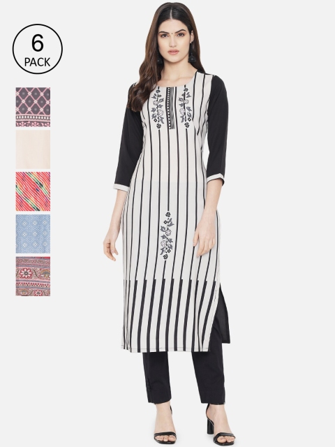 

Ethnic basket Women Pack of 6 Ethnic Motifs Printed Crepe Kurta, White