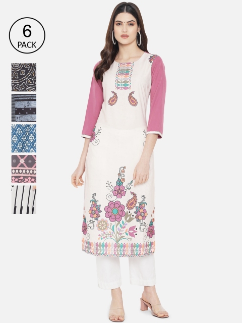 

Ethnic basket Women Pack of 6 Digital Printed Straight Kurtas, White