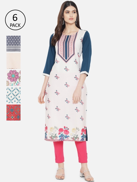 

Ethnic basket Women White & Blue Floral Printed Crepe Kurta Pack Of 6
