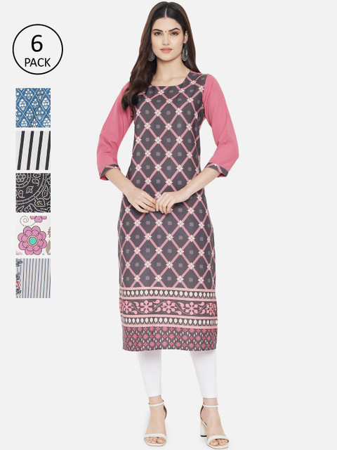 

Ethnic basket Women Pack of 6 Ethnic Motifs Printed Crepe Kurta, Red