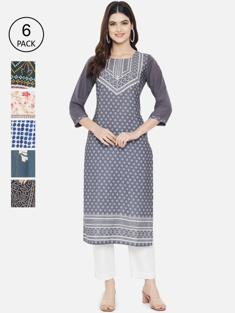 

Ethnic basket Women Pack of 6 Digital Printed Straight Kurtas, Grey