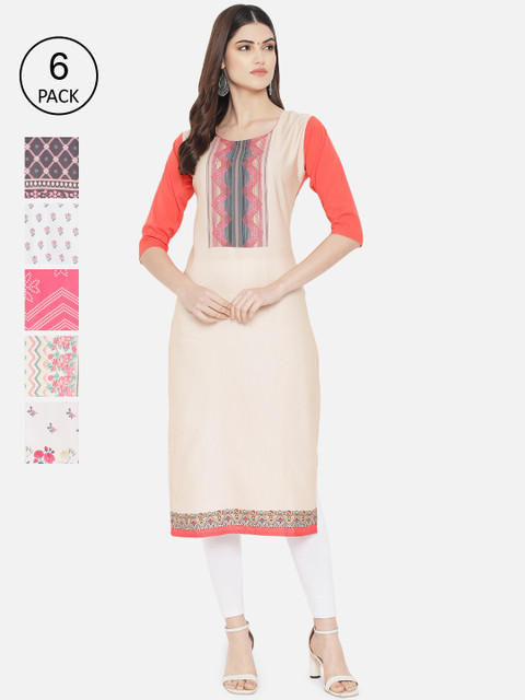 

Ethnic basket Women Pink & White Ethnic Motifs Printed Crepe Kurta Pack Of 6