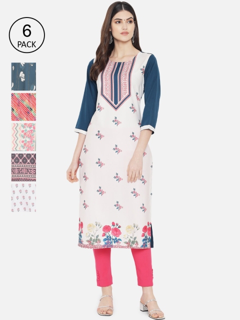 

Ethnic basket Women Blue & Red Ethnic Motifs Printed Crepe Kurta Pack Of 6