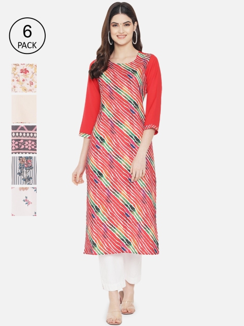 

Ethnic basket Women Pack of 6 Digital Printed Crepe Kurta, Red