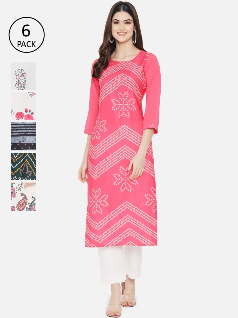 

Ethnic basket Women Pink & White Pack Of 6 Ethnic Motifs Printed Kurta