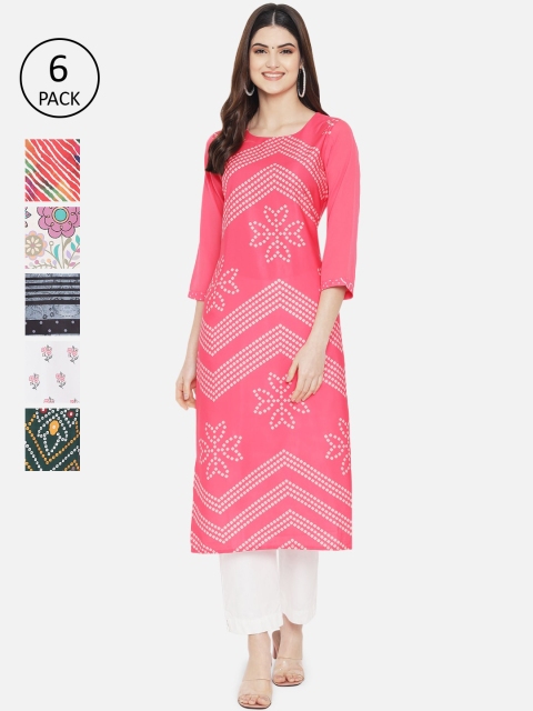 

Ethnic basket Women Pack Of 6 Pink & Green Ethnic Motifs Printed Crepe Kurta