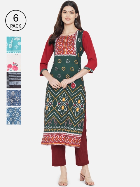 

Ethnic basket Women Pack Of 6 Multi Geometric Printed Crepe Kurta