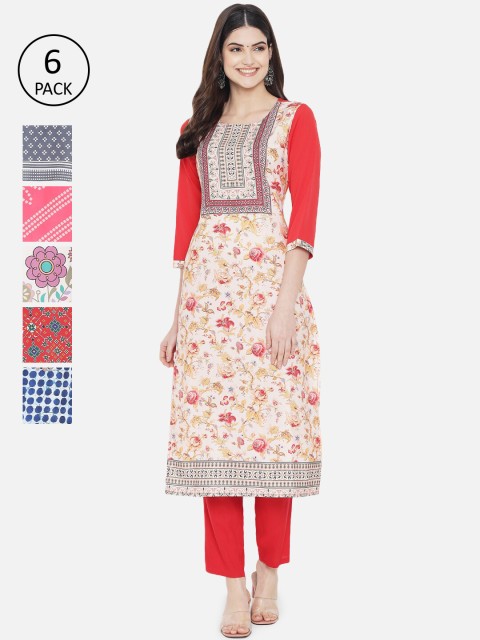 

Ethnic basket Women Multicoloured Set of 6 Ethnic Motifs Printed Crepe Kurta, Multi