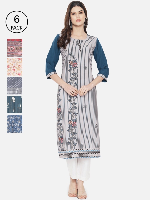 

Ethnic basket Women Set Of 6 Multicoloured Floral Printed Crepe Kurta, Multi