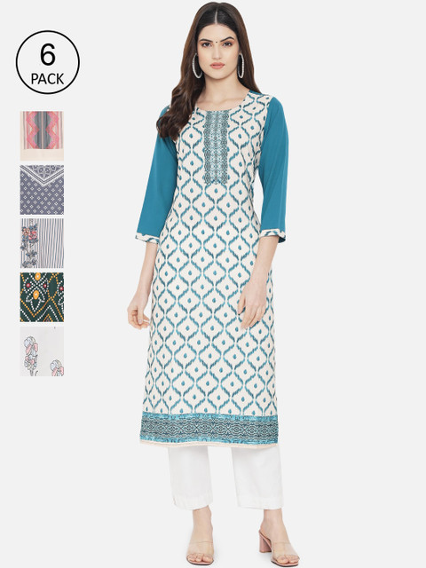 

Ethnic basket Women Blue & Green Ethnic Motifs Printed Crepe Kurta Pack Of 6