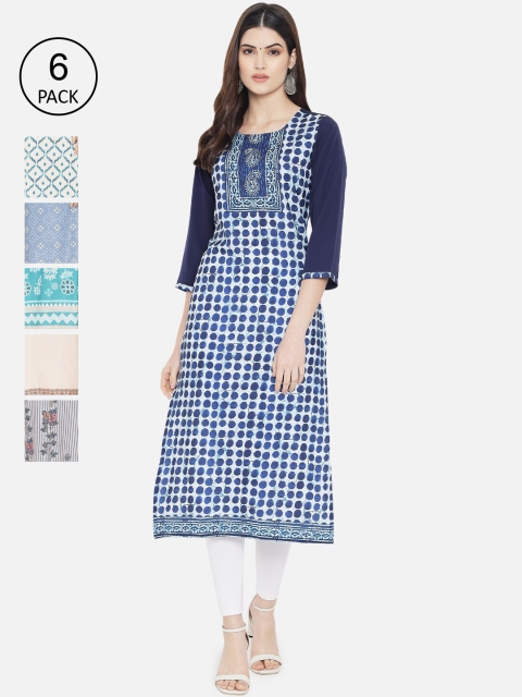 

Ethnic basket Women Pack of 6 Ethnic Motifs Printed Crepe Kurta, Blue