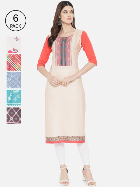 

Ethnic basket Women Pack of 6 Digital Printed Crepe Kurta, White