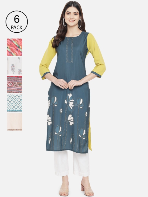 

Ethnic basket Women Pack of 6 Ethnic Motifs Printed Crepe Kurta, Green