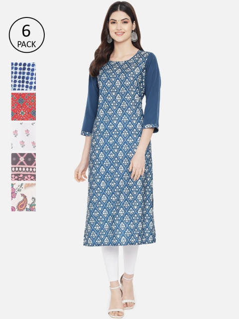 

Ethnic basket Women Pack Of 6 Multicoloured Ethnic Motifs Printed Crepe Kurta, Multi