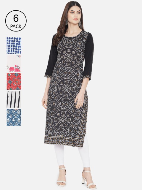 

Ethnic basket Women Pack Of 6 Black & White Ethnic Motifs Printed Crepe Kurta