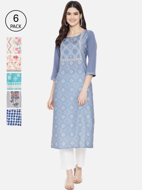 

Ethnic basket Women Pack of 6 Ethnic Motifs Printed Crepe Kurta, Blue