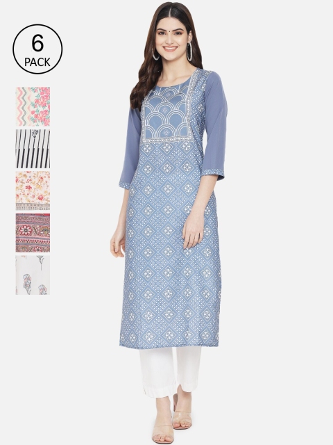 

Ethnic basket Women Pack of 6 Ethnic Motifs Printed Crepe Kurta, Blue