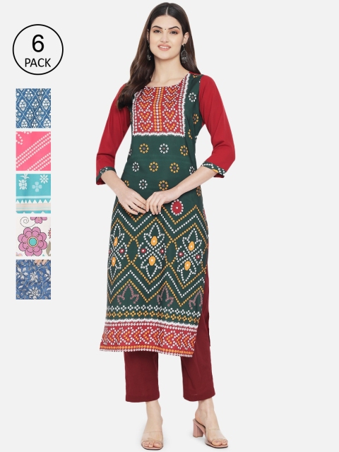

Ethnic basket Women Multicoloured Set of 6 Geometric Printed Crepe Kurta, Multi