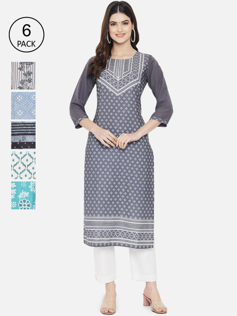 

Ethnic basket Pack of 6 Women Printed Crepe Kurta, Multi
