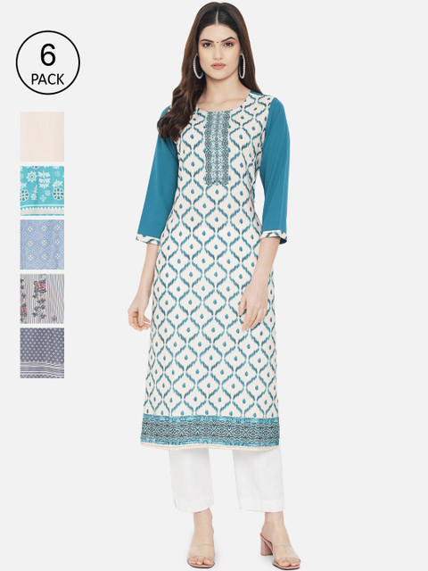 

Ethnic basket Women Set Of 6 Teal & Blue Floral Printed Crepe Kurta