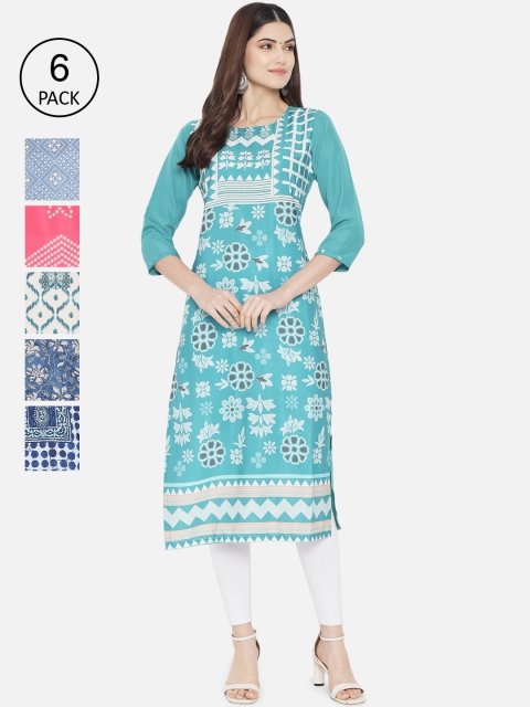 

Ethnic basket Women Pack Of 6 Blue & Red Ethnic Motifs Printed Crepe Kurta