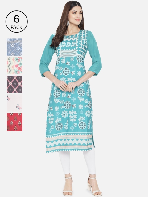 

Ethnic basket Women Pack Of 6 Multicoloured Ethnic Motifs Printed Crepe Kurta, Multi