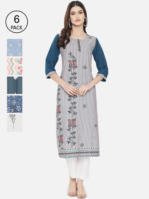 

Ethnic basket Women Multicoloured Pack Of 6 Ethnic Motifs Printed Crepe Kurta, Multi