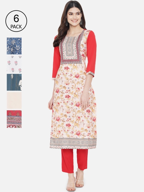 

Ethnic basket Women Multicoloured Pack Of 6 Floral Printed Crepe Kurta, Multi