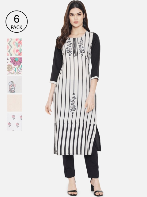 

Ethnic basket Women Pack of 6 Digital Printed Crepe Kurta, White