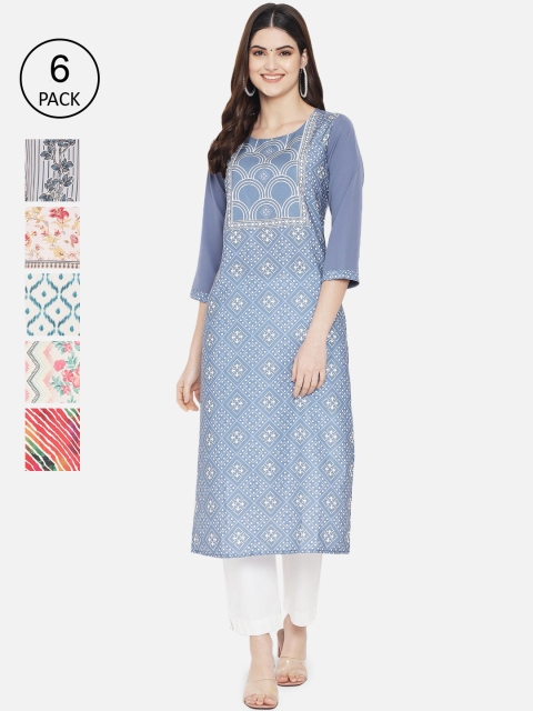 

Ethnic basket Women Pack of 6 Ethnic Motifs Printed Crepe Kurta, Blue