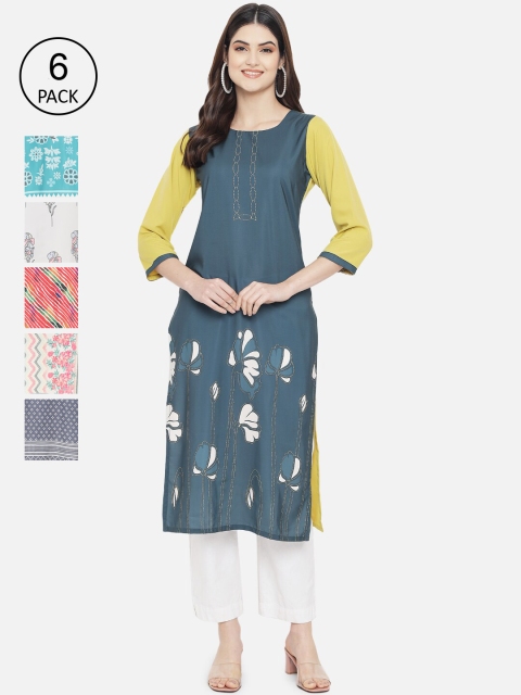 

Ethnic basket Women Set Of 6 Grey & Sea Green Floral Printed Crepe Kurta